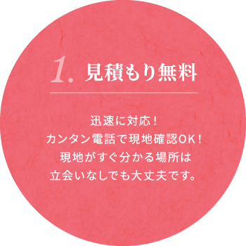 1.見積もり無料 迅速に対応!カンタン電話で現地確認OK!現地がすぐ分かる場所は立会いなしでも大丈夫です。